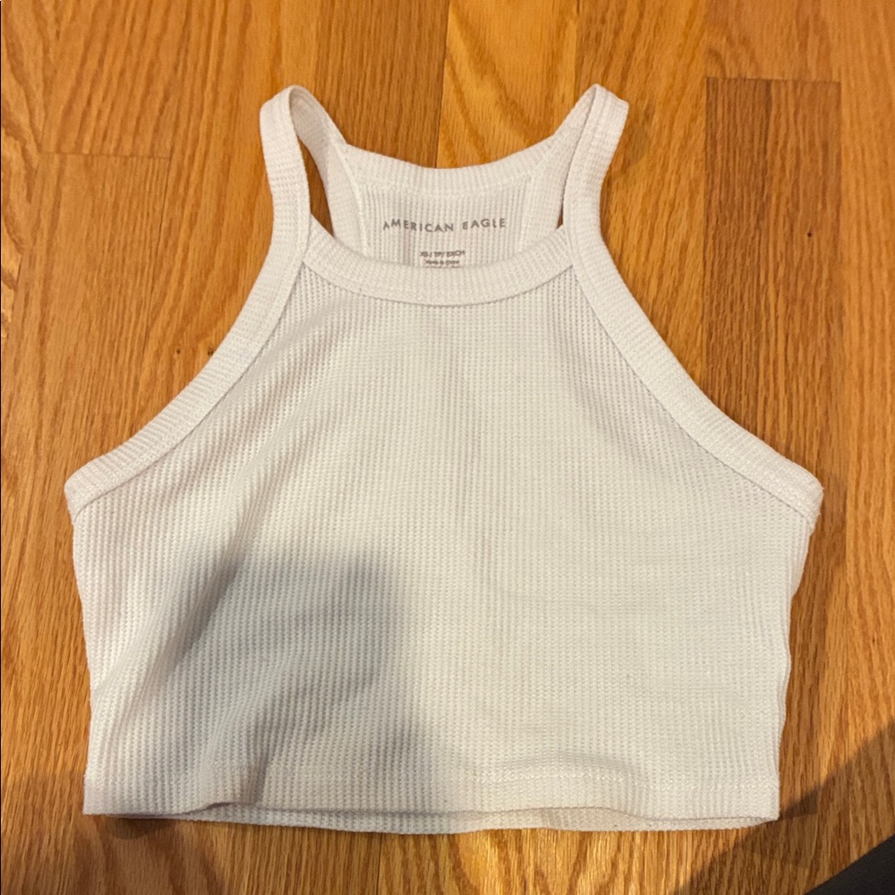 American Eagle Outfitters Cream Ribbed Halter Crop Top